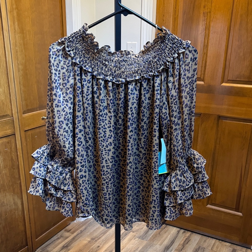 CeCe Animal Print Off The Shoulder Smocked Blouse